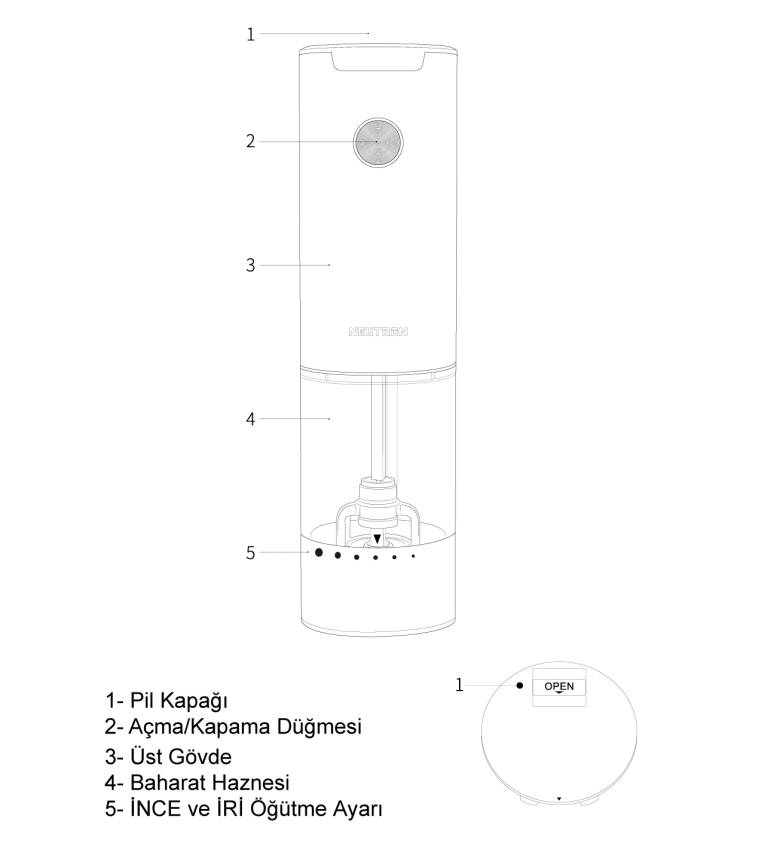 Neutron Dıştan Öğütme Ayarlı Pilli Tuz ve Baharat Öğütücü Tekli - 5