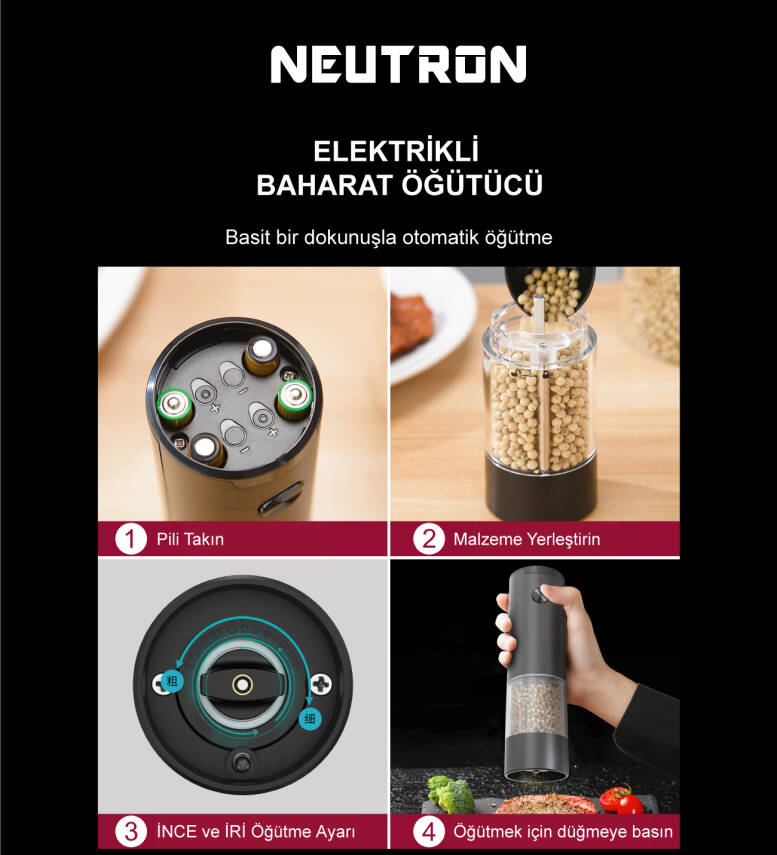 Neutron Dıştan Öğütme Ayarlı Pilli Tuz ve Baharat Öğütücü Tekli - 3