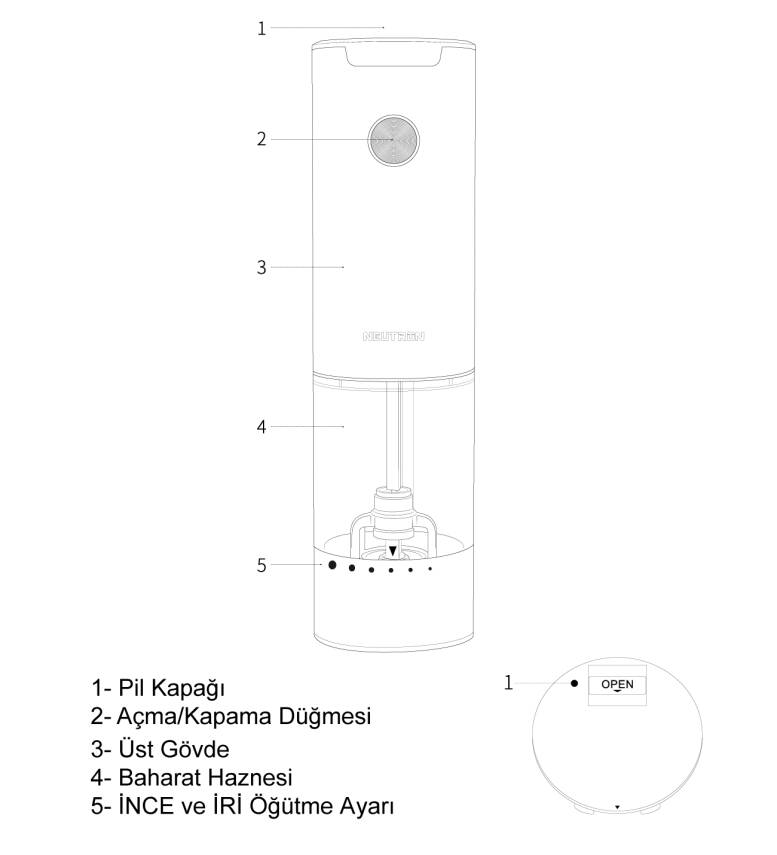 Neutron Dıştan Öğütme Ayarlı Pilli Tuz ve Baharat Öğütücü İkili - 5