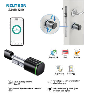 Neutron Akıllı Kapı Kilidi Siyah, Parmak izi, Anahtar, Kart, Şifre - Neutron