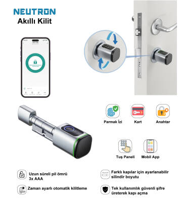 Neutron Akıllı Kapı Kilidi Gri, Parmak izi, Anahtar, Kart, Şifre - Neutron